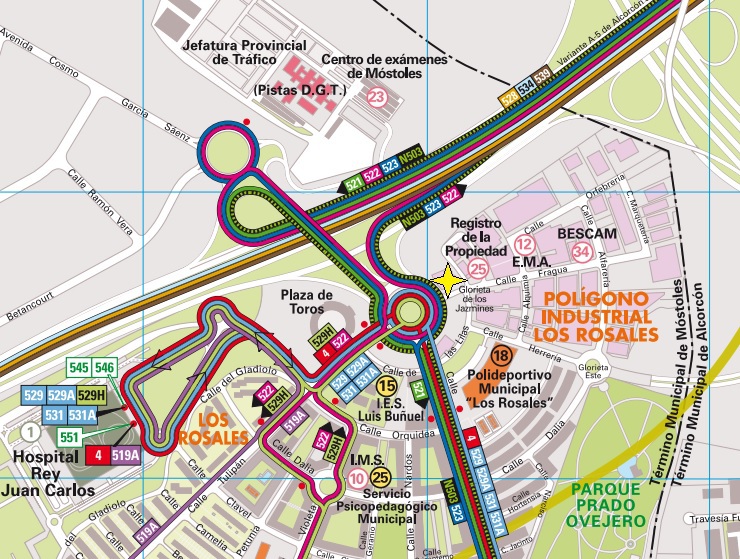 Plano de transporte de Móstoles: las líneas 521, 522 y 523 llegando por la A-5, las urbanas 529, 529H, 531 y 531A, el nocturno N503, la DGT y el polígono industrial Los Rosales, para llegar al centro de cursos TPC del metal
